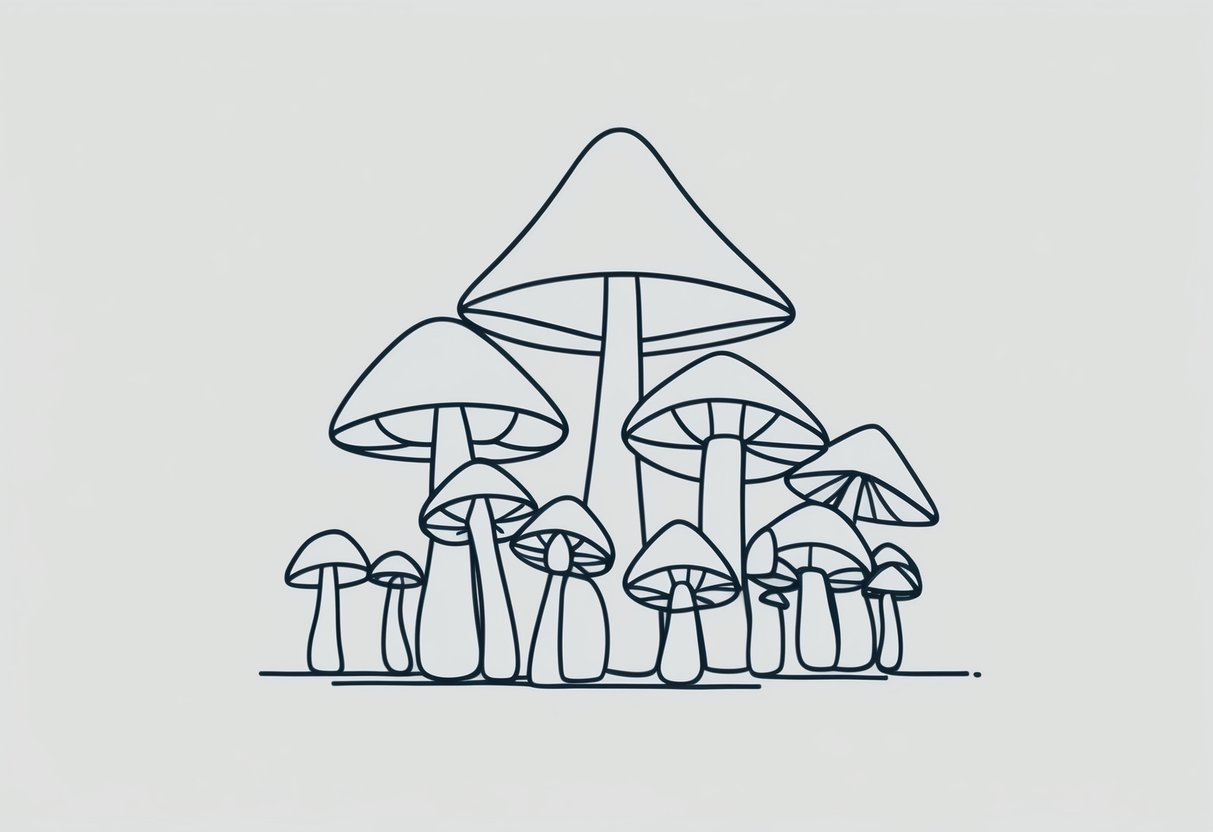 A cluster of simple, geometric mushrooms in various sizes and shapes, set against a clean, white background