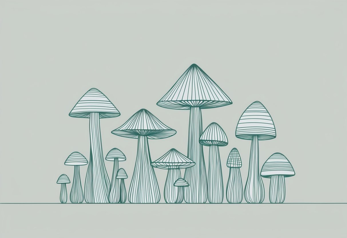 A cluster of simple, geometric mushrooms in varying sizes and shapes, set against a clean, minimalist background