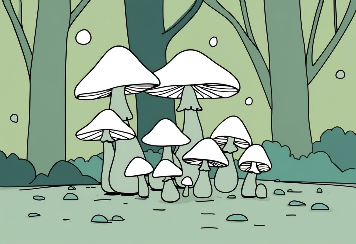 A cluster of simple, minimalist mushrooms in varying sizes and shapes, growing together in a natural setting with dappled sunlight filtering through the trees