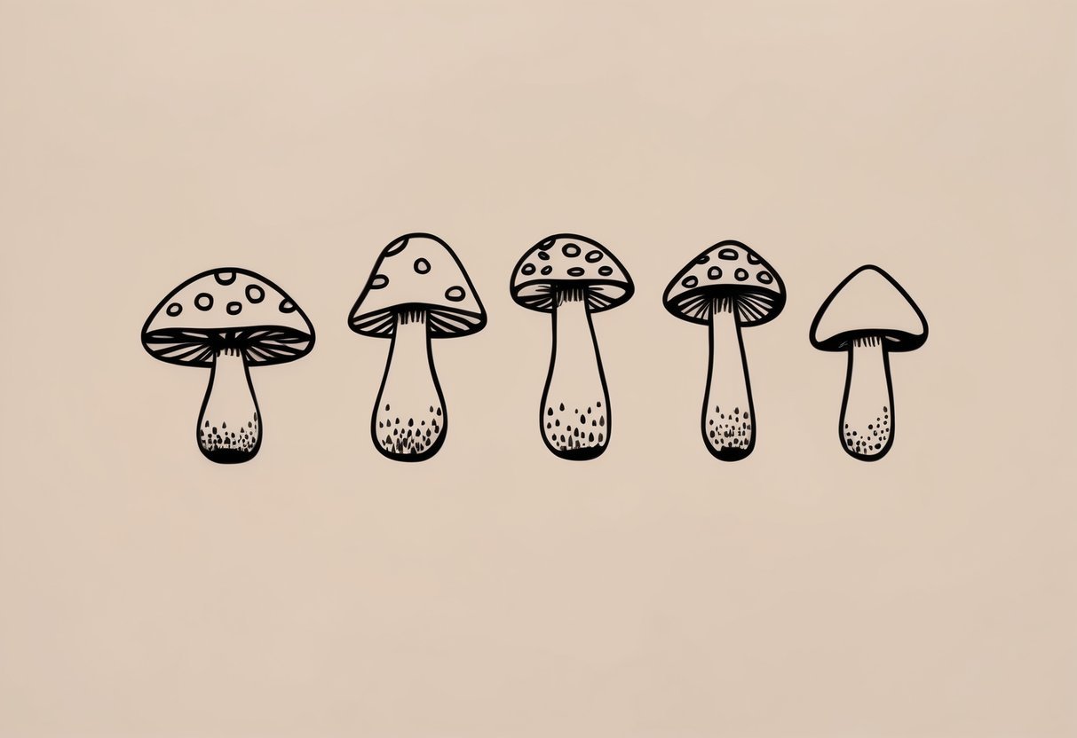 Four different types of mushrooms arranged in a minimalist formation
