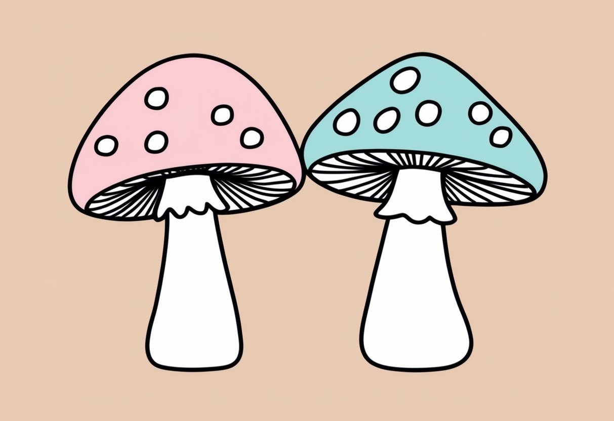 Two pastel-colored mushrooms stand side by side, with simple, minimalist lines and shapes