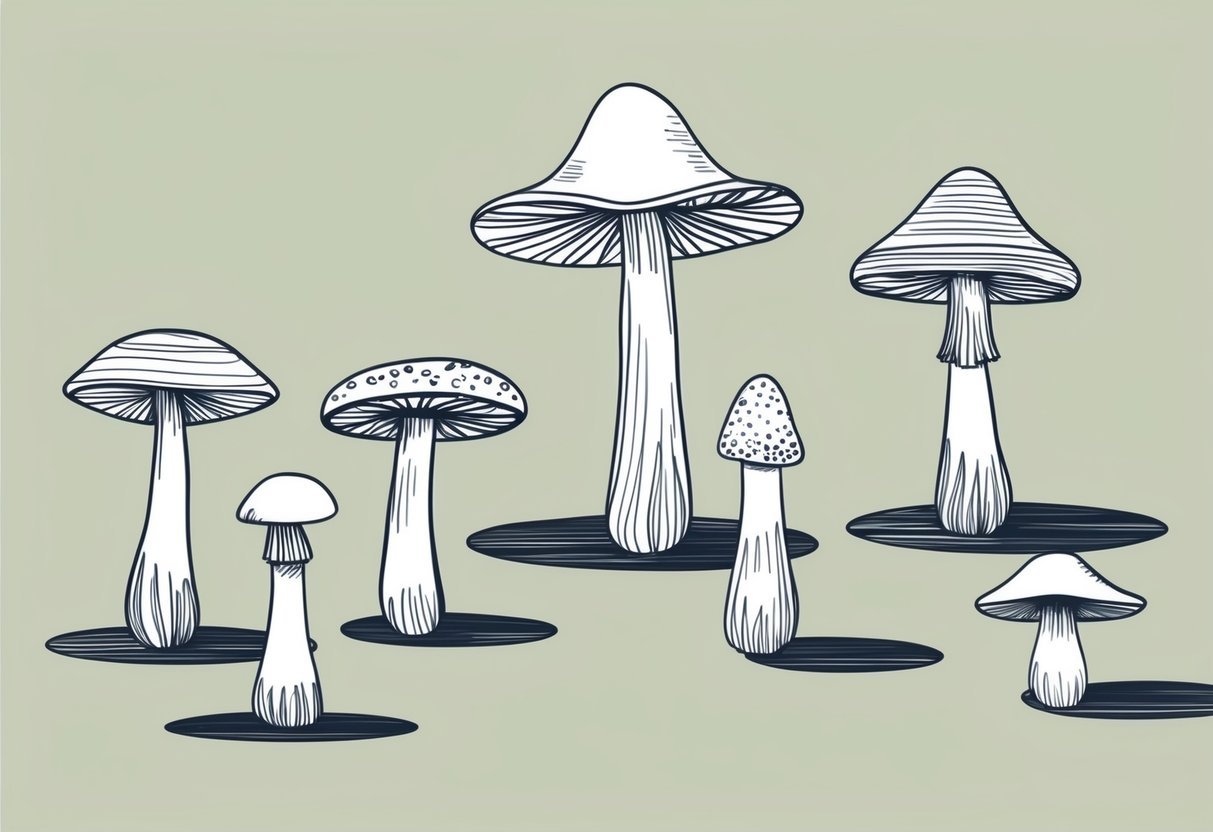 A group of minimalistic mushrooms in various shapes and sizes, casting shadows on the ground
