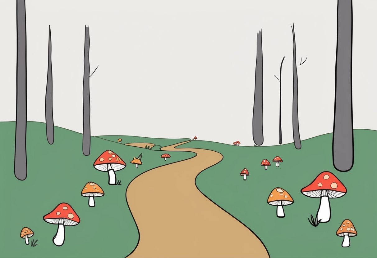 A winding pathway lined with fallen mushrooms, leading through a minimalist forest scene