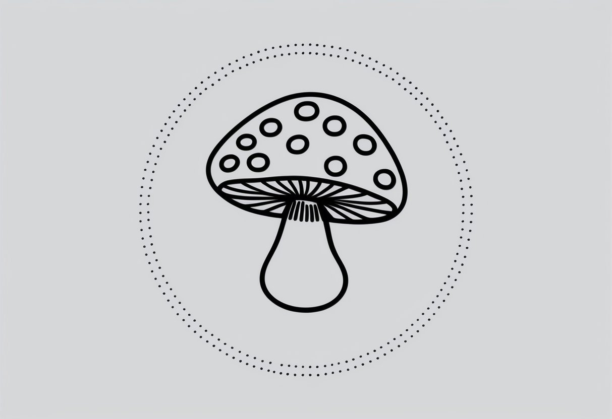A single mushroom surrounded by minimalist dot work, with clean lines and simple shapes