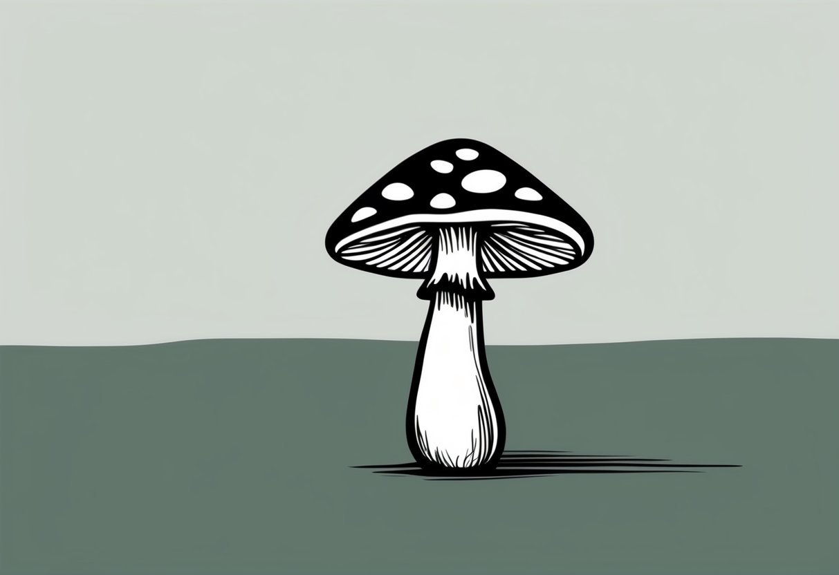 A lone black and white mushroom stands against a simple background, with clean lines and minimalistic details