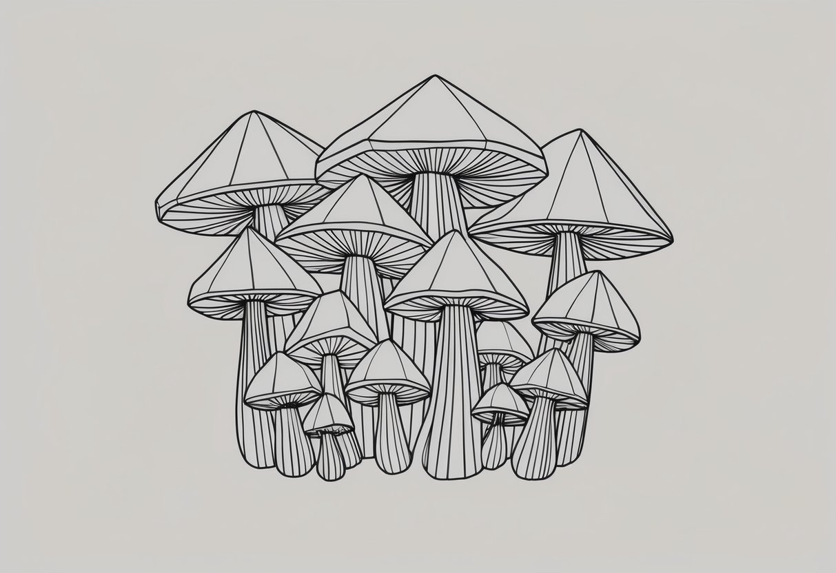 A cluster of geometric mushrooms in various sizes and shapes, overlapping and intersecting in a minimalist style