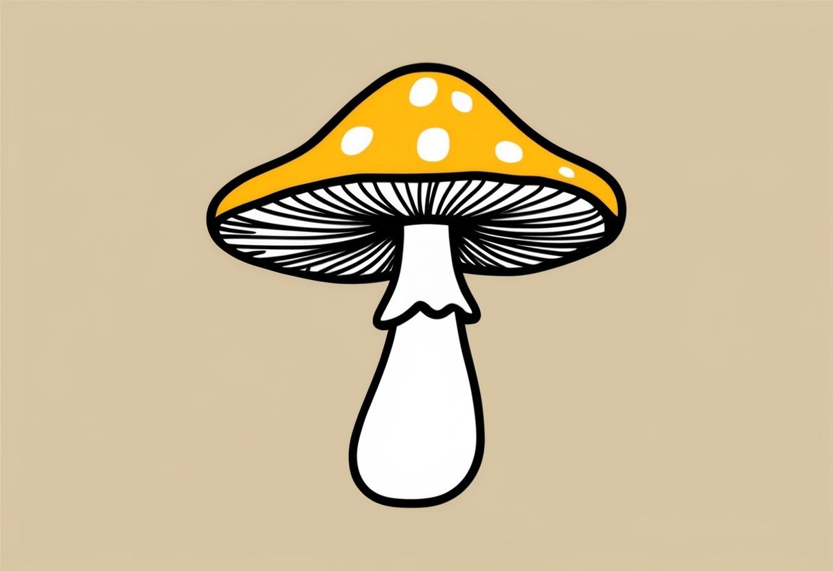 A simple, modern drawing of a mushroom with color blocking. Bold, clean lines and minimal detail