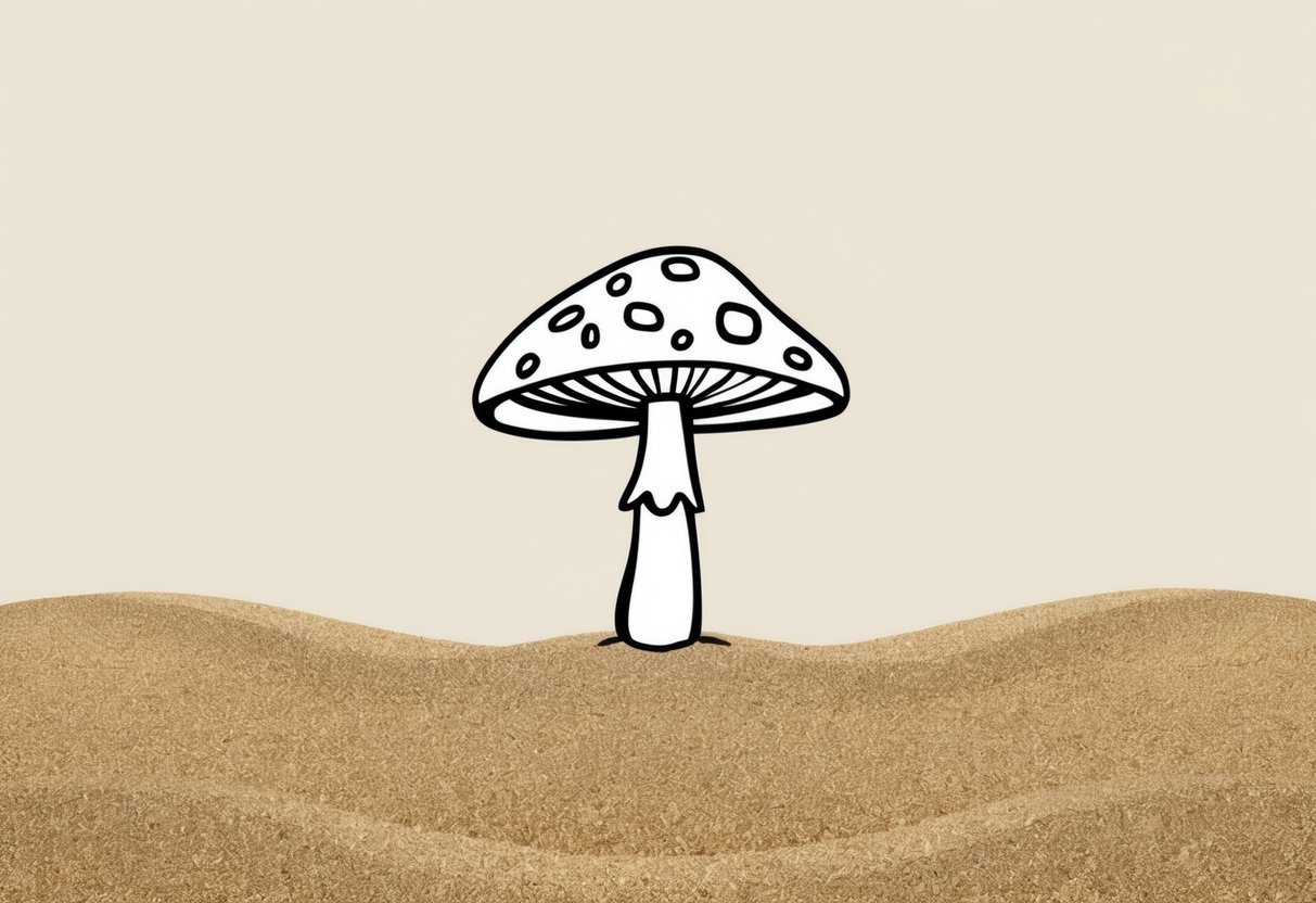 A lone mushroom stands against a sandy backdrop, its silhouette stark against the minimalist landscape