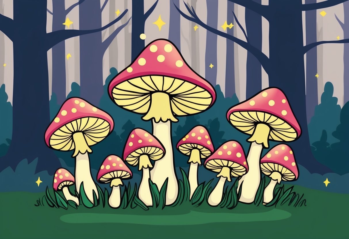 A cluster of glowing mushrooms sprout from the forest floor, their caps adorned with twinkling stars