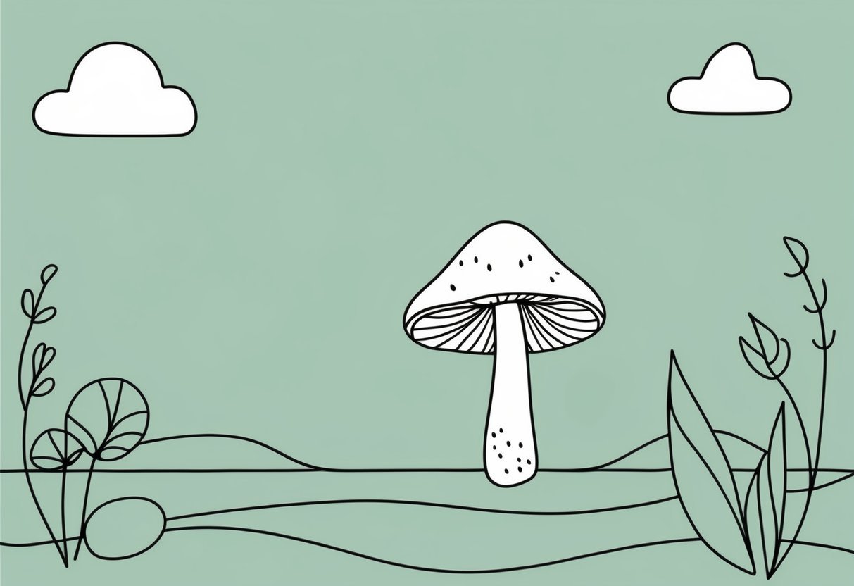 A serene scene of a lone mushroom in a minimalist style, with clean lines and simple shapes, surrounded by peaceful, zen-like elements
