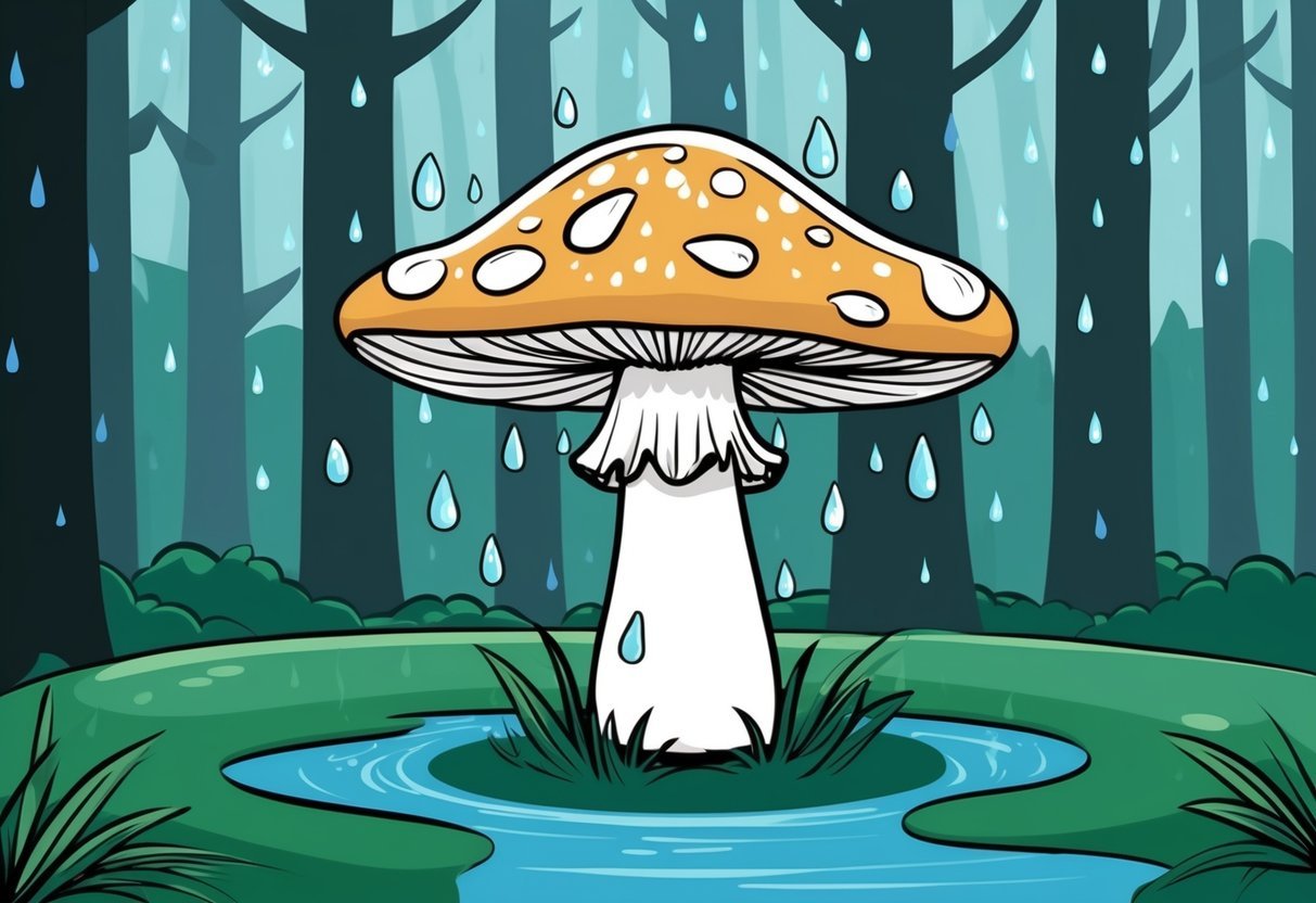 A single mushroom stands in a rain-soaked forest, surrounded by glistening raindrops clinging to its cap and the damp ground