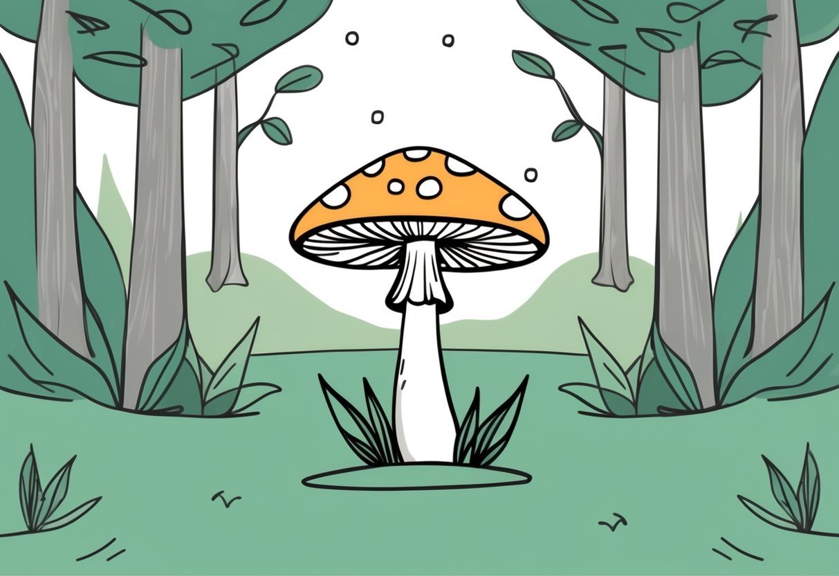 A serene forest clearing with a single mushroom surrounded by dotted cap designs