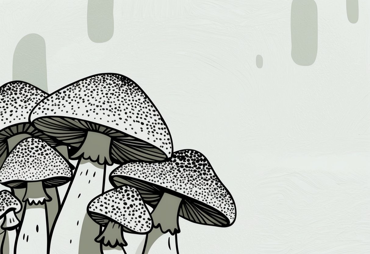 A close-up of a cluster of stippled mushrooms with varying sizes and shapes, set against a minimalist background