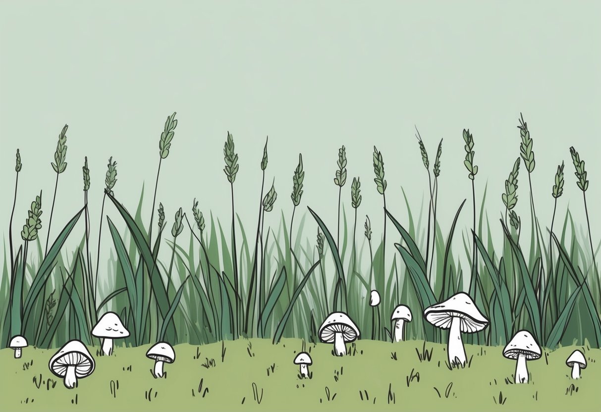 A serene meadow with small, simple mushrooms scattered among tall blades of grass