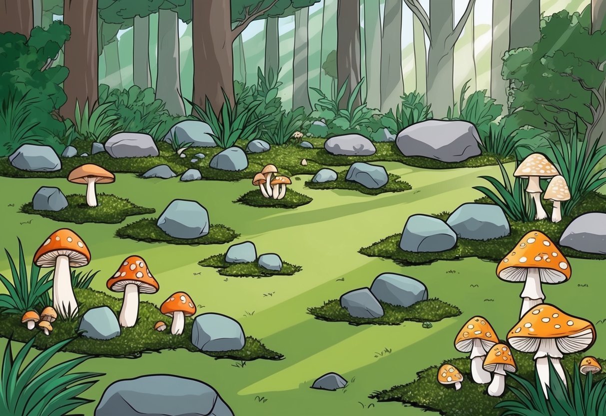 A serene garden with various types of mushrooms growing among scattered rocks and patches of moss. Sunlight filters through the trees, casting dappled shadows on the forest floor
