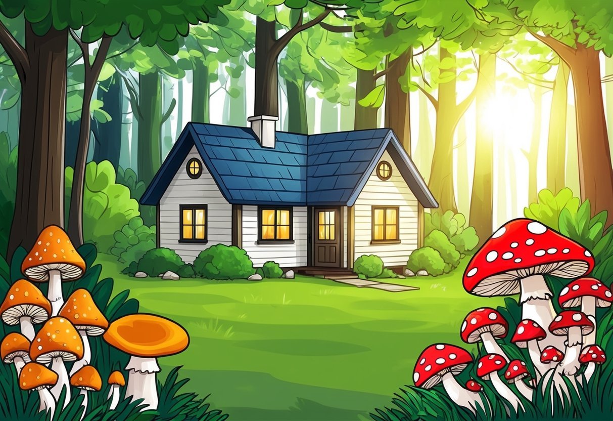 A cozy cottage surrounded by a lush forest, with various types of mushrooms growing in the foreground. The sunlight filters through the trees, casting a warm glow on the scene