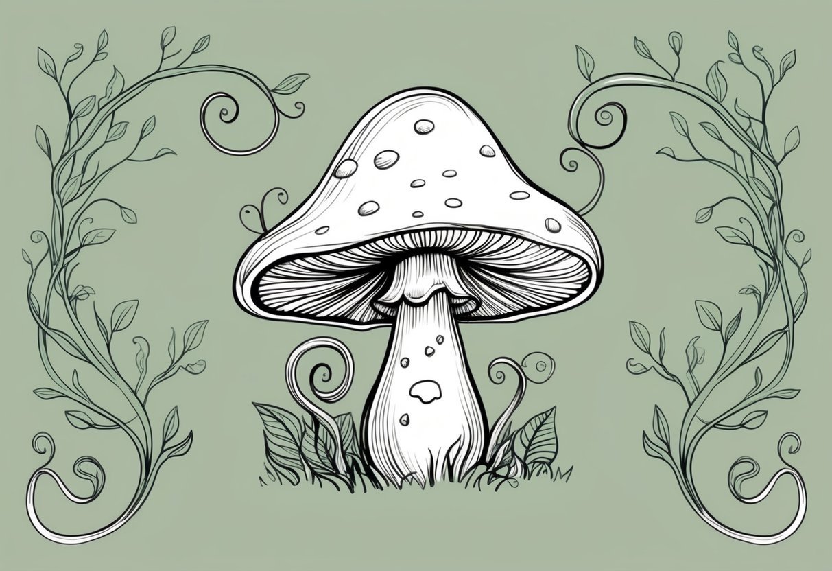 A whimsical mushroom with flowing, organic lines and intricate details, surrounded by delicate foliage and curling vines