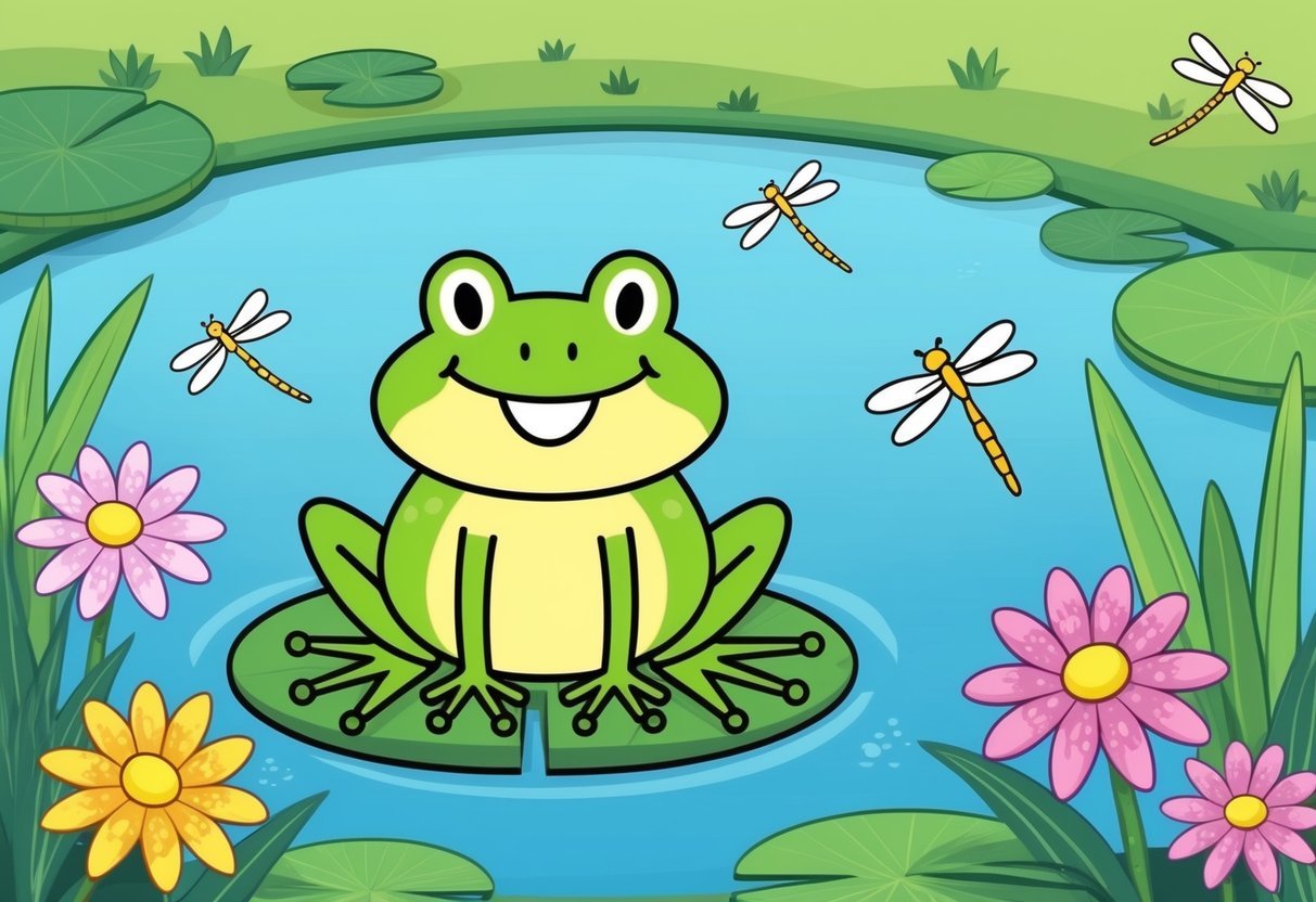 A smiling frog sitting on a lily pad in a serene pond, surrounded by colorful flowers and dragonflies