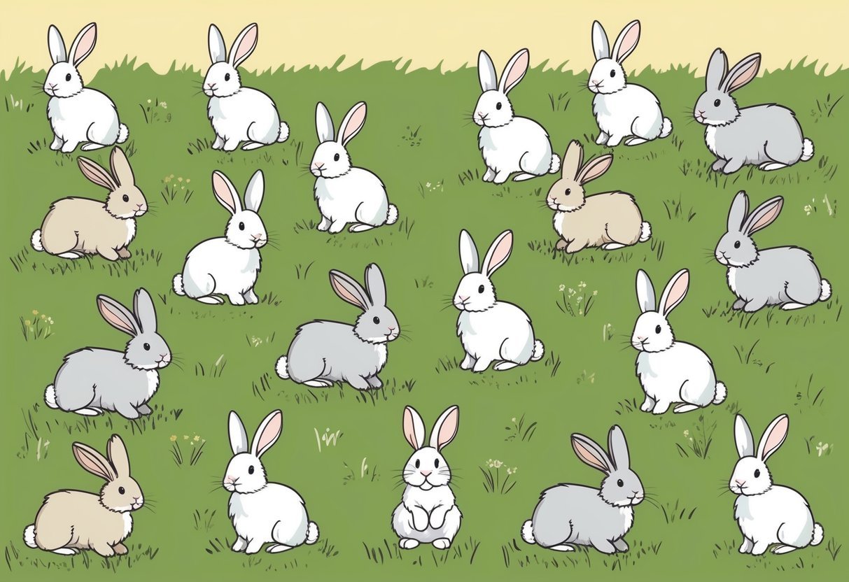 A group of 35 cute and fluffy bunnies gathered in a meadow, some hopping around while others munch on grass
