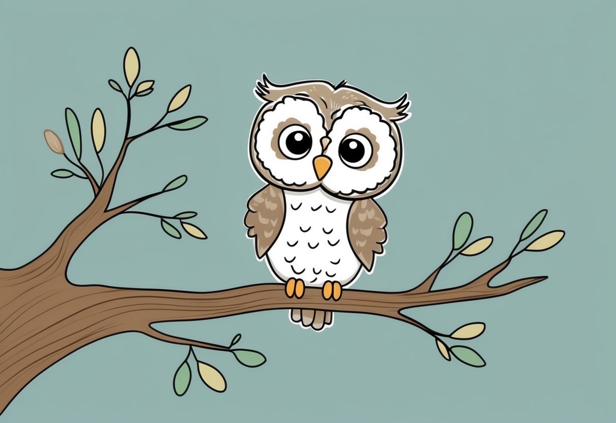 A baby owl perched on a tree branch, with big round eyes and fluffy feathers