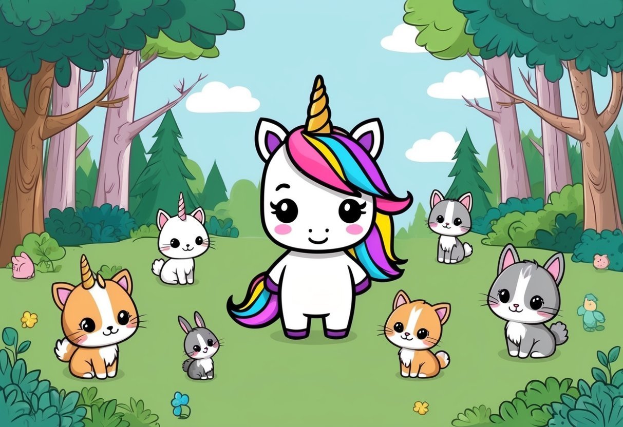 A small chibi unicorn surrounded by other cute animals, such as bunnies and kittens, in a whimsical forest setting