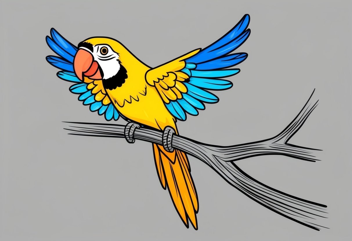 A colorful parrot perched on a tree branch, feathers ruffled, beak slightly open in a cheerful chirp