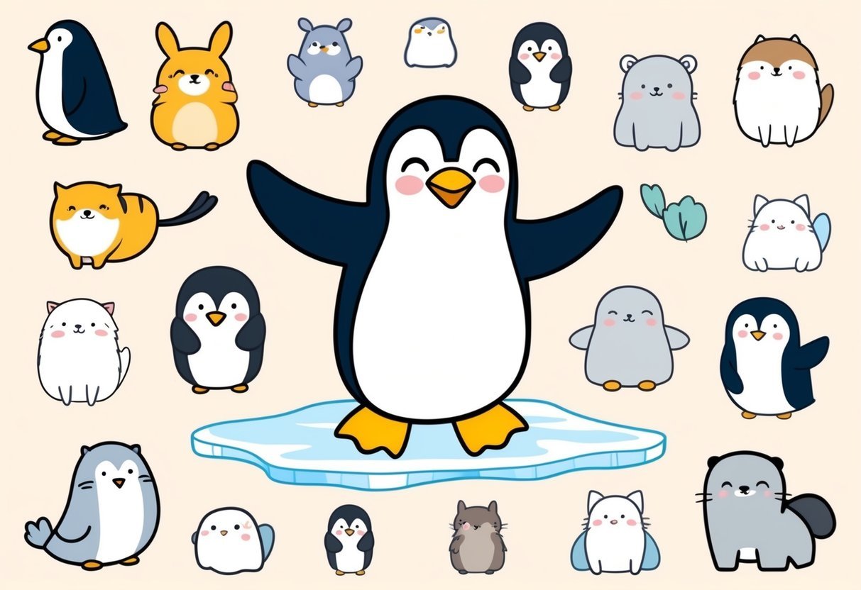 A joyful penguin waddling on ice, surrounded by 34 other cute animals