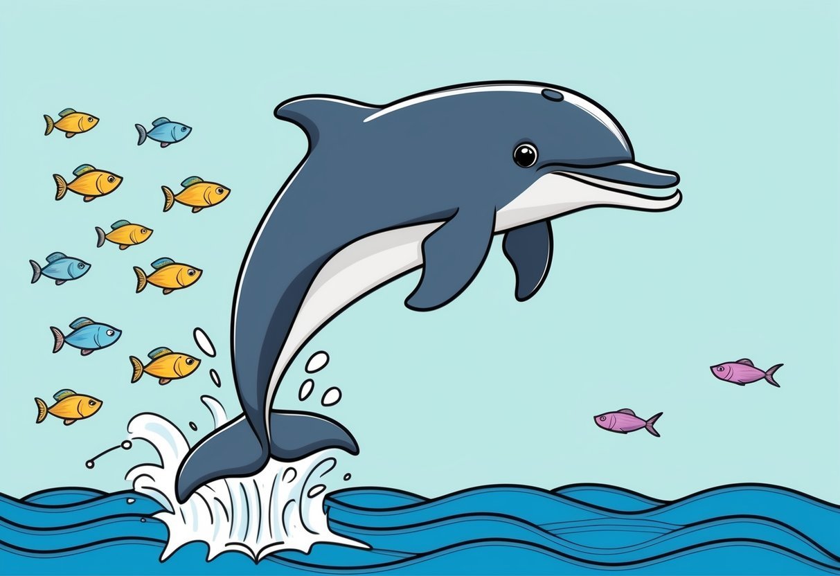 A playful dolphin leaping out of the water with a joyful expression, surrounded by a school of colorful fish