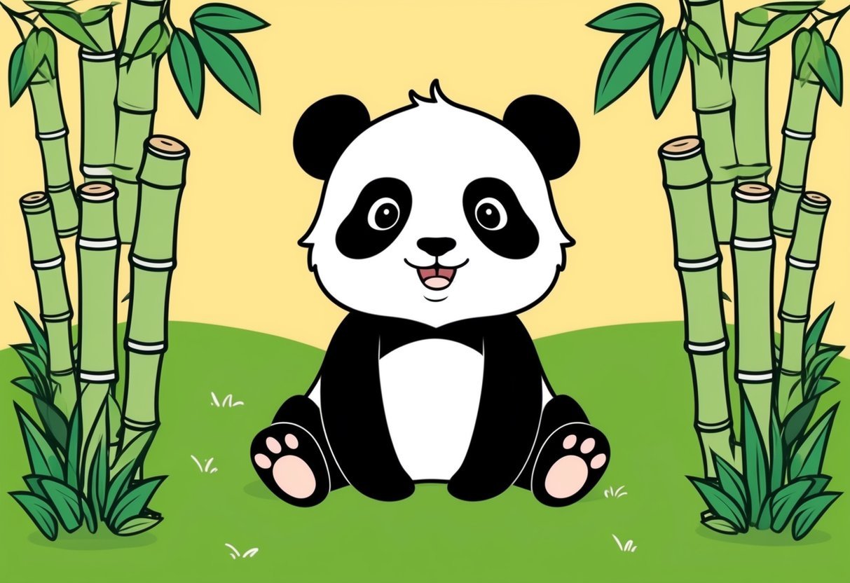 A cute panda sitting on the grass surrounded by bamboo, with a playful expression on its face