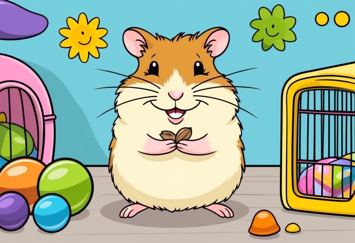 A small, round hamster with a bright smile, holding a sunflower seed in its paws, surrounded by colorful toys and a cozy cage