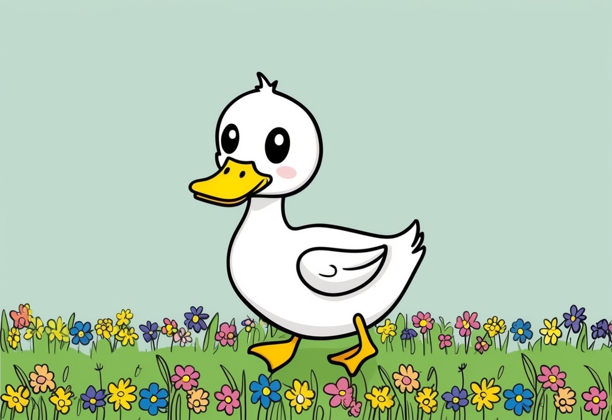 A small, adorable duck with big, round eyes and a bright yellow beak waddling through a field of colorful flowers