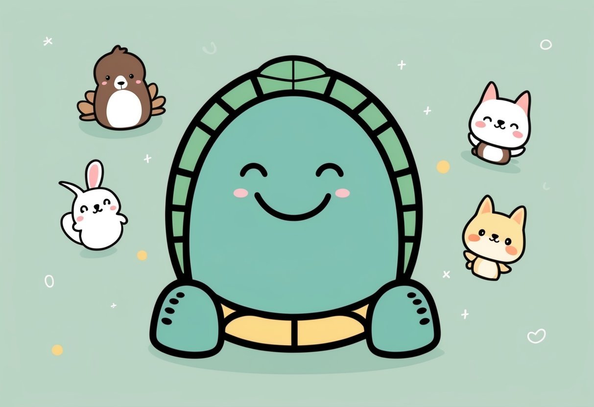 A smiling turtle surrounded by other cute animals