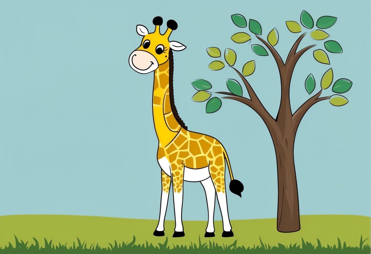A friendly giraffe standing tall in a grassy savanna, with a big smile and long neck reaching for leaves on a tree