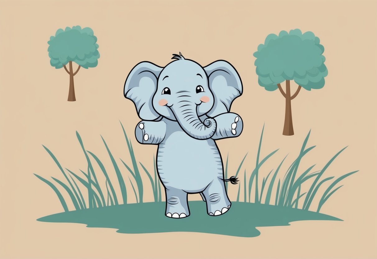 A baby elephant standing playfully with its trunk raised, surrounded by tall grass and a few scattered trees