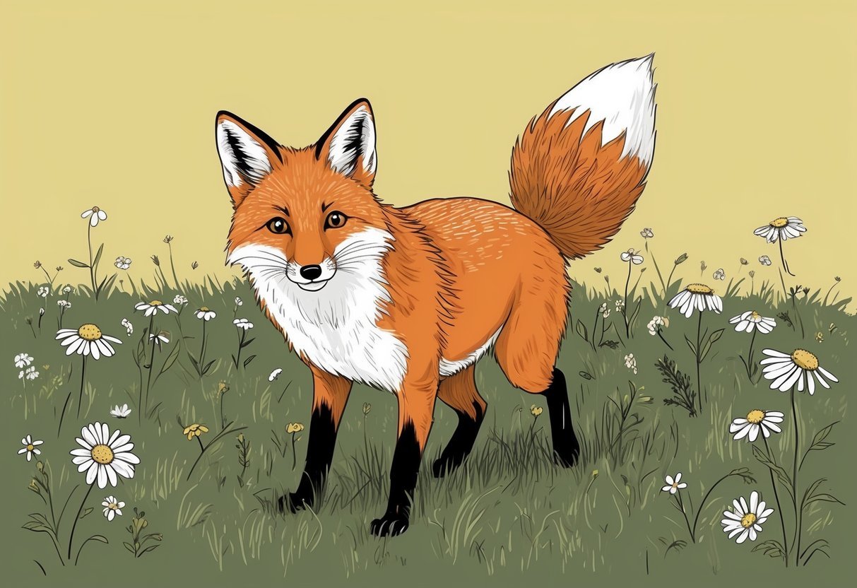 A fox playing in a field of wildflowers, with a curious expression and a bushy tail