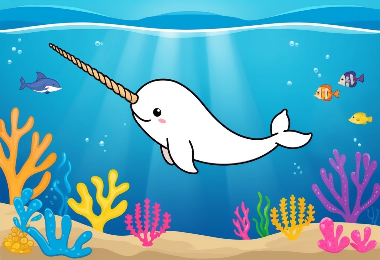 A tiny narwhal swimming in crystal clear water, surrounded by colorful coral and other sea creatures