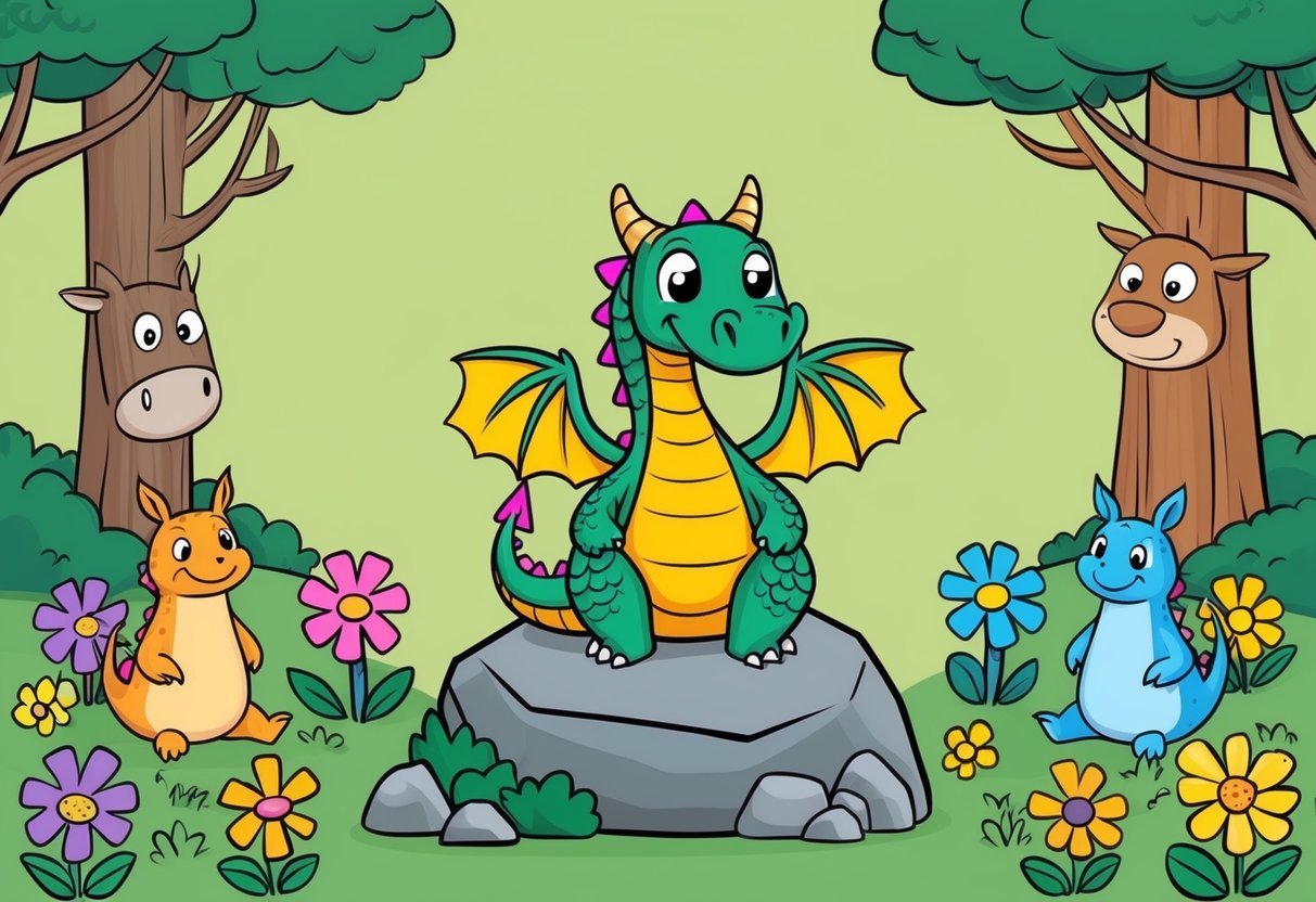 A small dragon with bright scales sits on a rock, surrounded by colorful flowers and friendly forest creatures