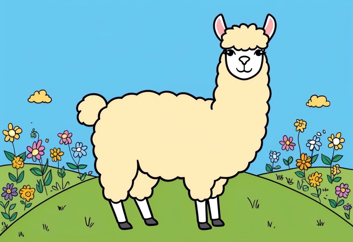 A fluffy llama standing on a grassy hill, surrounded by colorful wildflowers and a bright blue sky