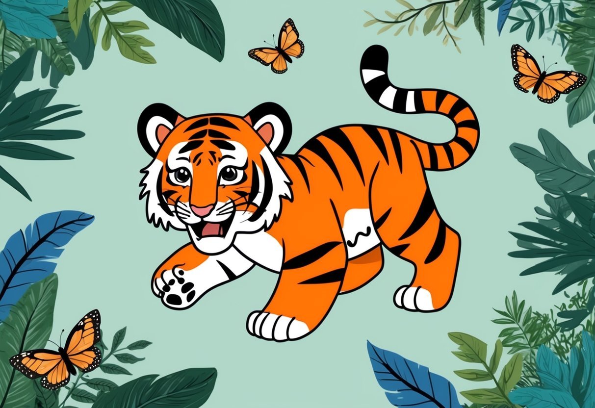 A playful tiger cub surrounded by jungle foliage and butterflies