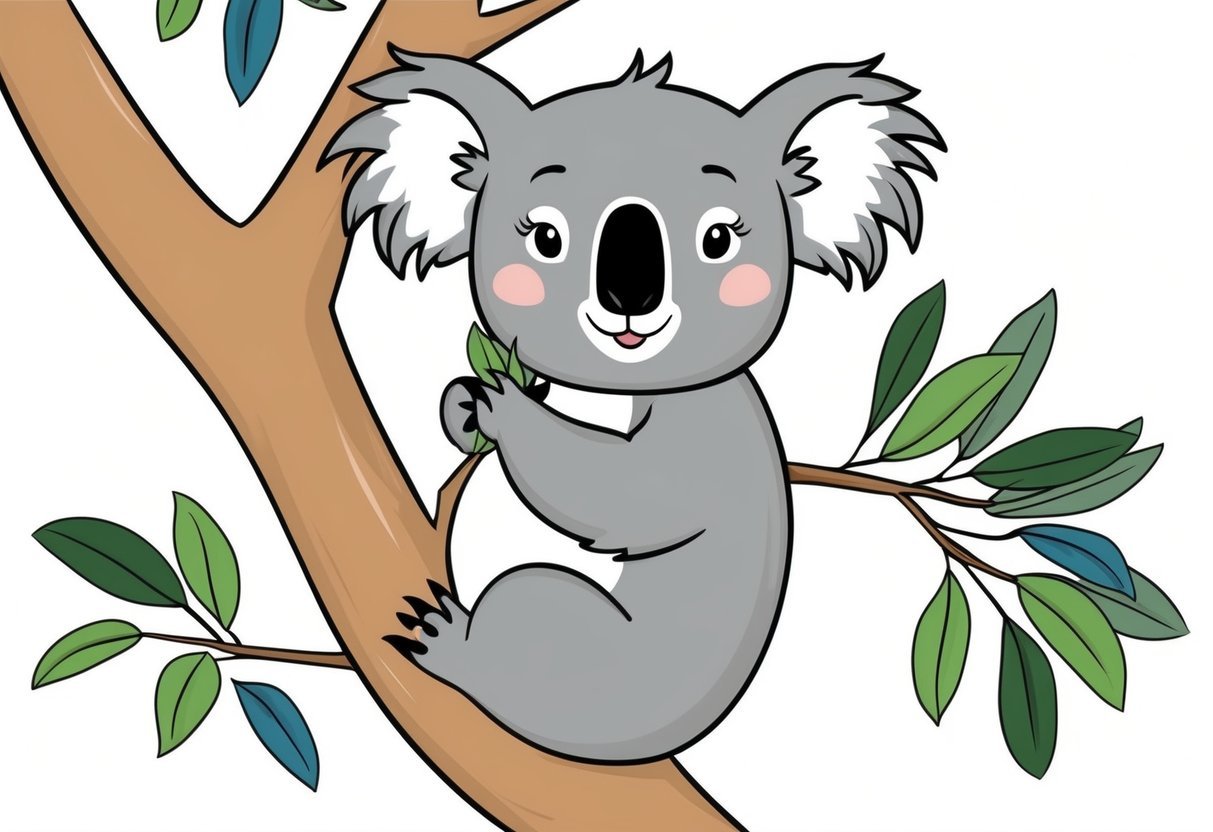A koala hanging from a eucalyptus tree, munching on leaves, with a curious and playful expression