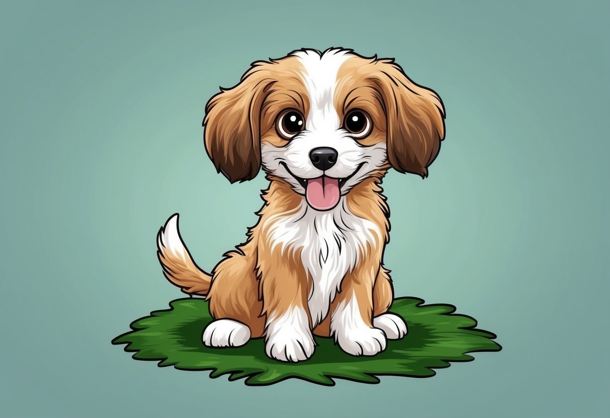 A fluffy puppy with big, round eyes and floppy ears sits on a patch of grass, wagging its tail eagerly