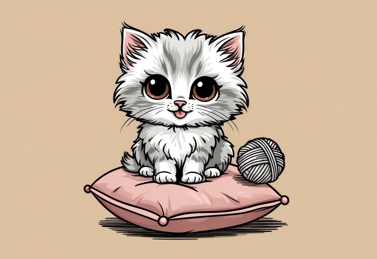 A small, fluffy kitten with big, round eyes and a playful expression, sitting on a soft cushion with a ball of yarn nearby