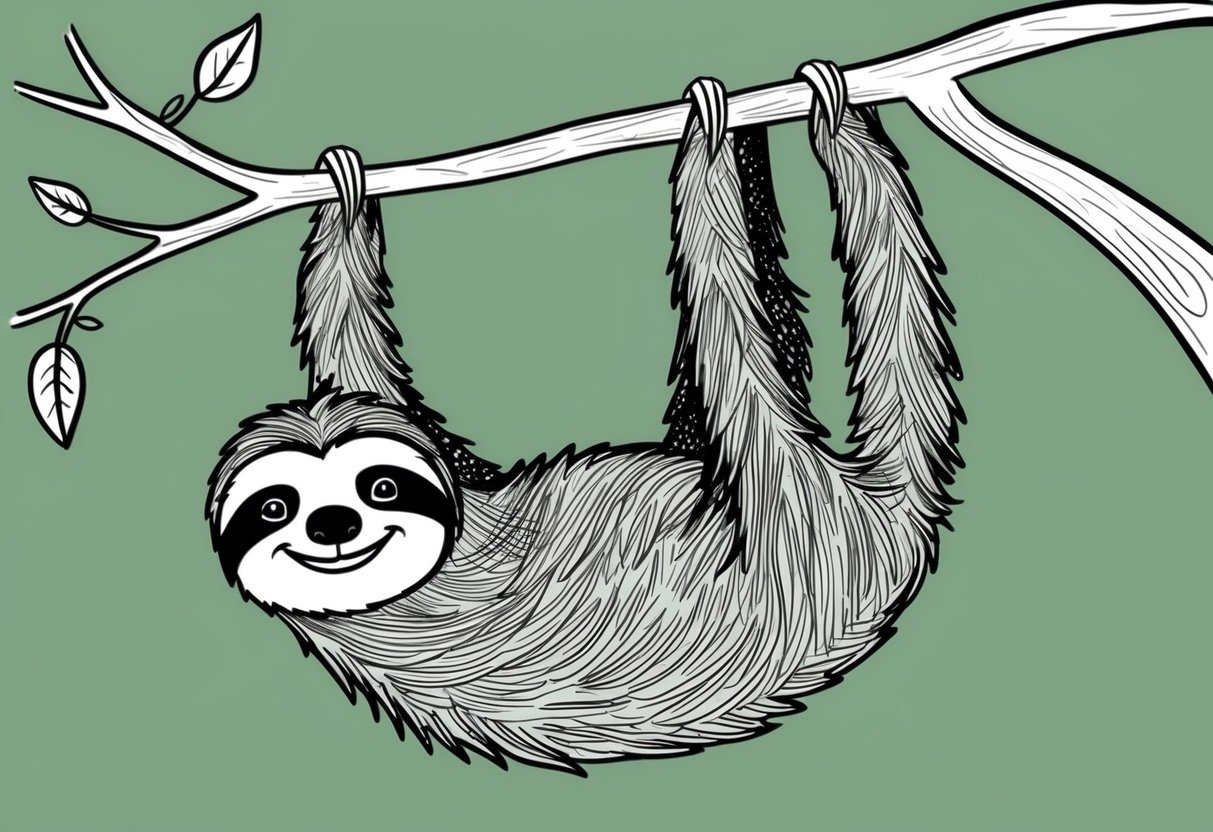A sloth hanging from a tree branch, with a relaxed expression and a small smile on its face