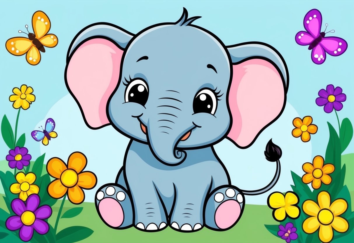 A small, adorable elephant with big, round eyes and a happy smile, surrounded by colorful flowers and butterflies