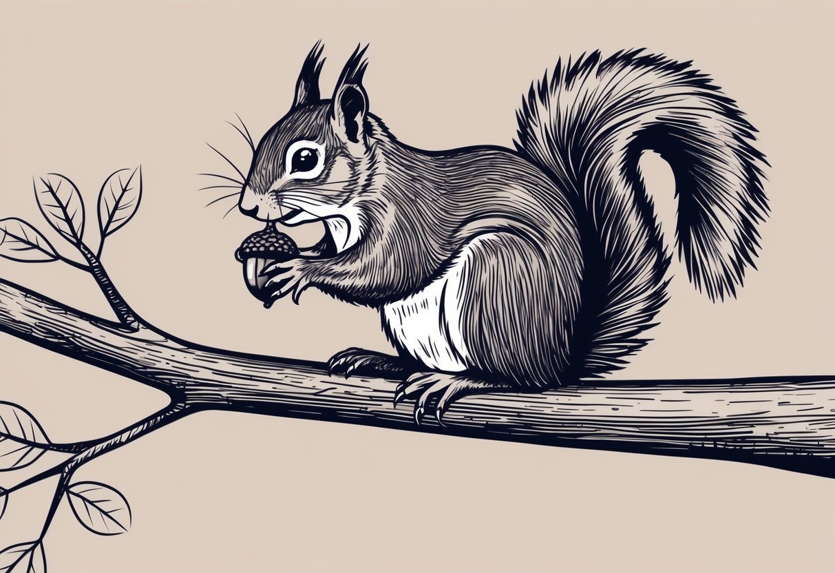A squirrel sitting on a tree branch, holding an acorn in its paws