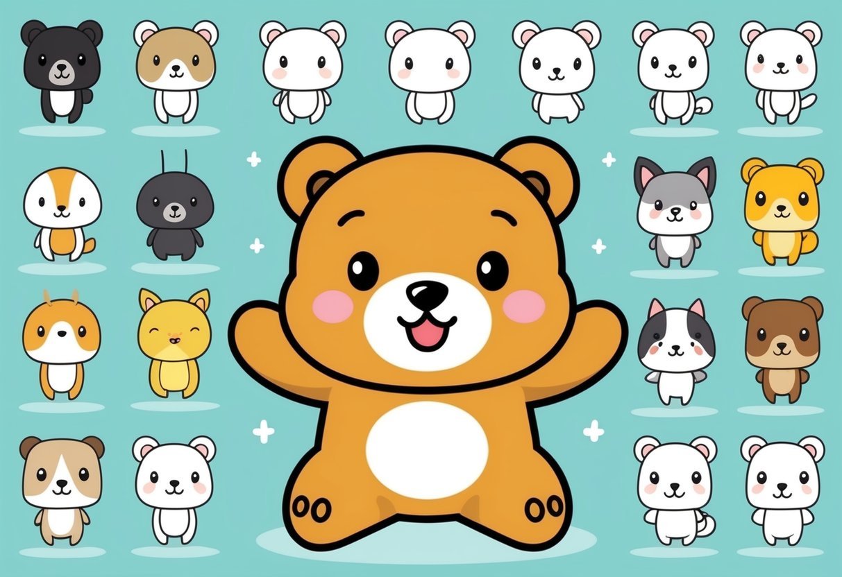 A playful chibi bear surrounded by 34 other cute and easy-to-draw animals