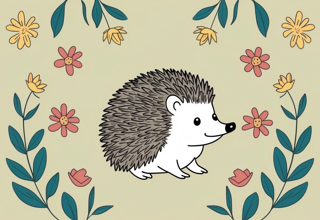 A small hedgehog surrounded by colorful flowers and leaves