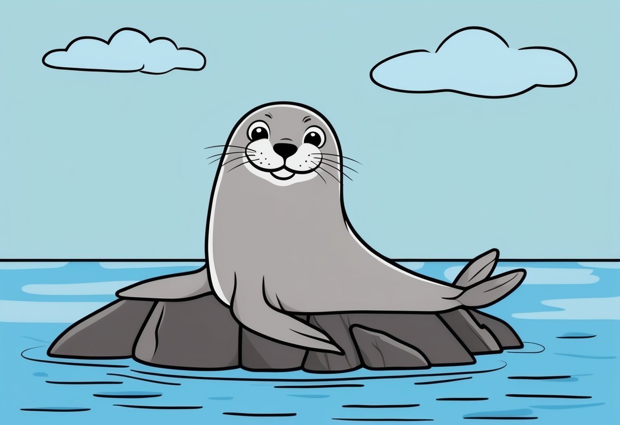 A playful seal basks on a rocky shore, flippers outstretched, with a sweet and endearing expression