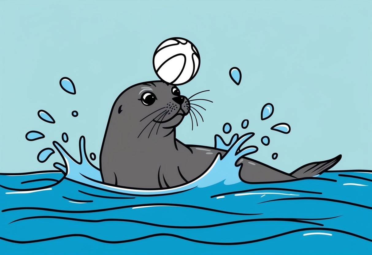 A seal splashes in the water, balancing a ball on its nose, with a mischievous glint in its eye