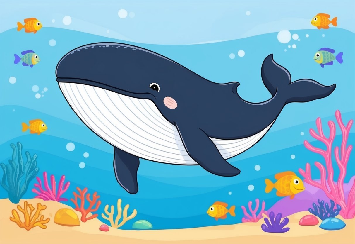 A smiling whale swimming gracefully in a peaceful ocean, surrounded by colorful fish and vibrant coral reefs